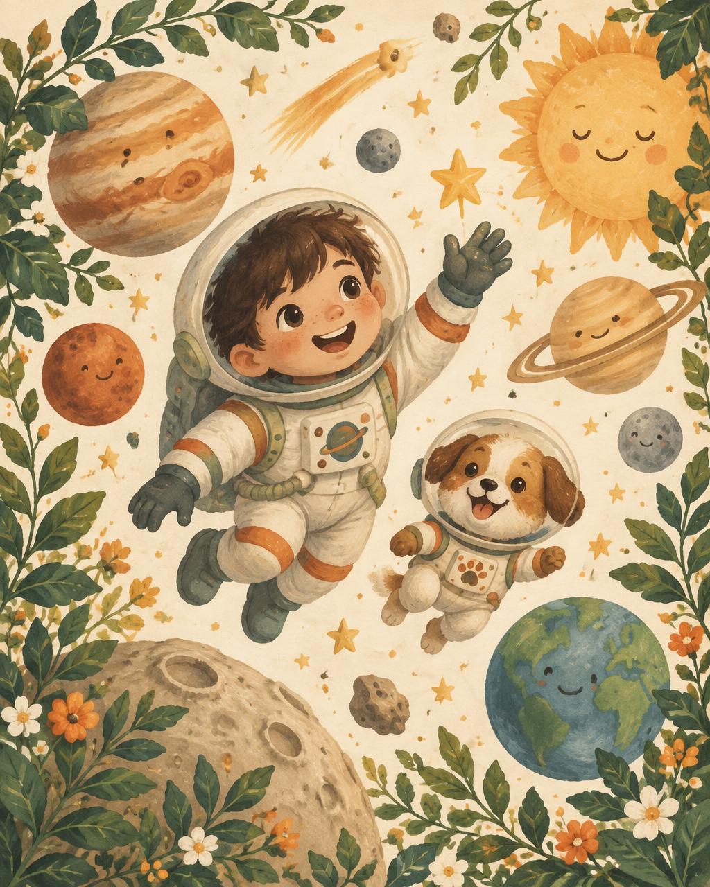Personalized storybook cover showing a child astronaut and their dog exploring friendly planets